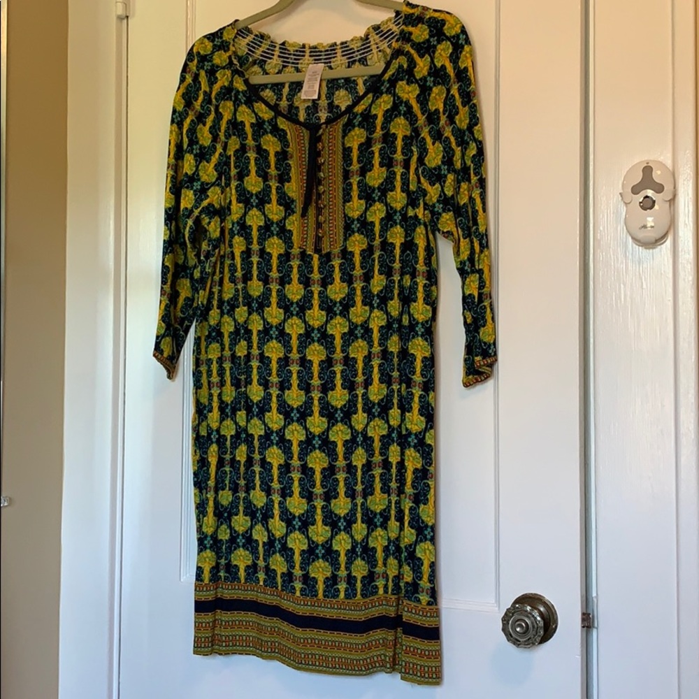 Yellow tribal print 3/4 sleeve Avon Dress Medium - Picture 2 of 8